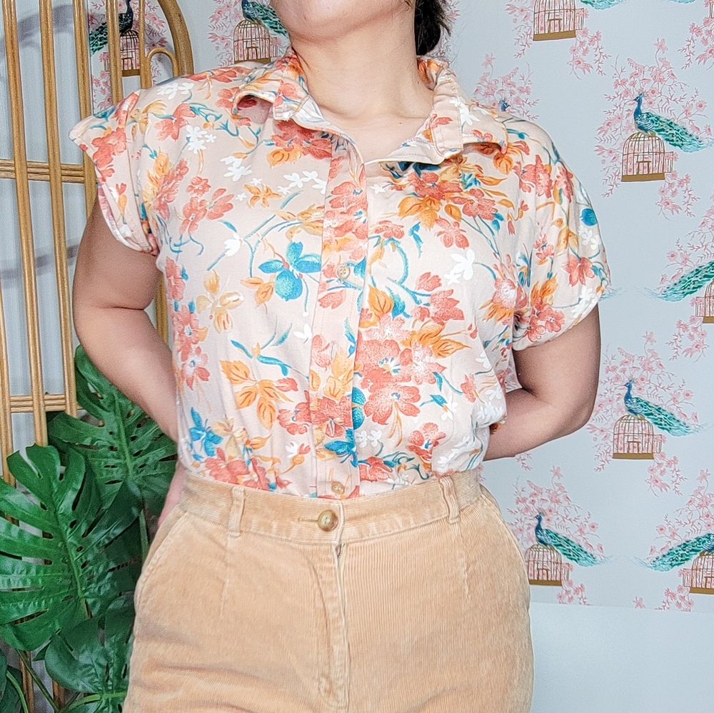 Vintage Floral 90's Shorts Cap Sleeved Button Down Floral Print Shirt - Picture 1 of 6